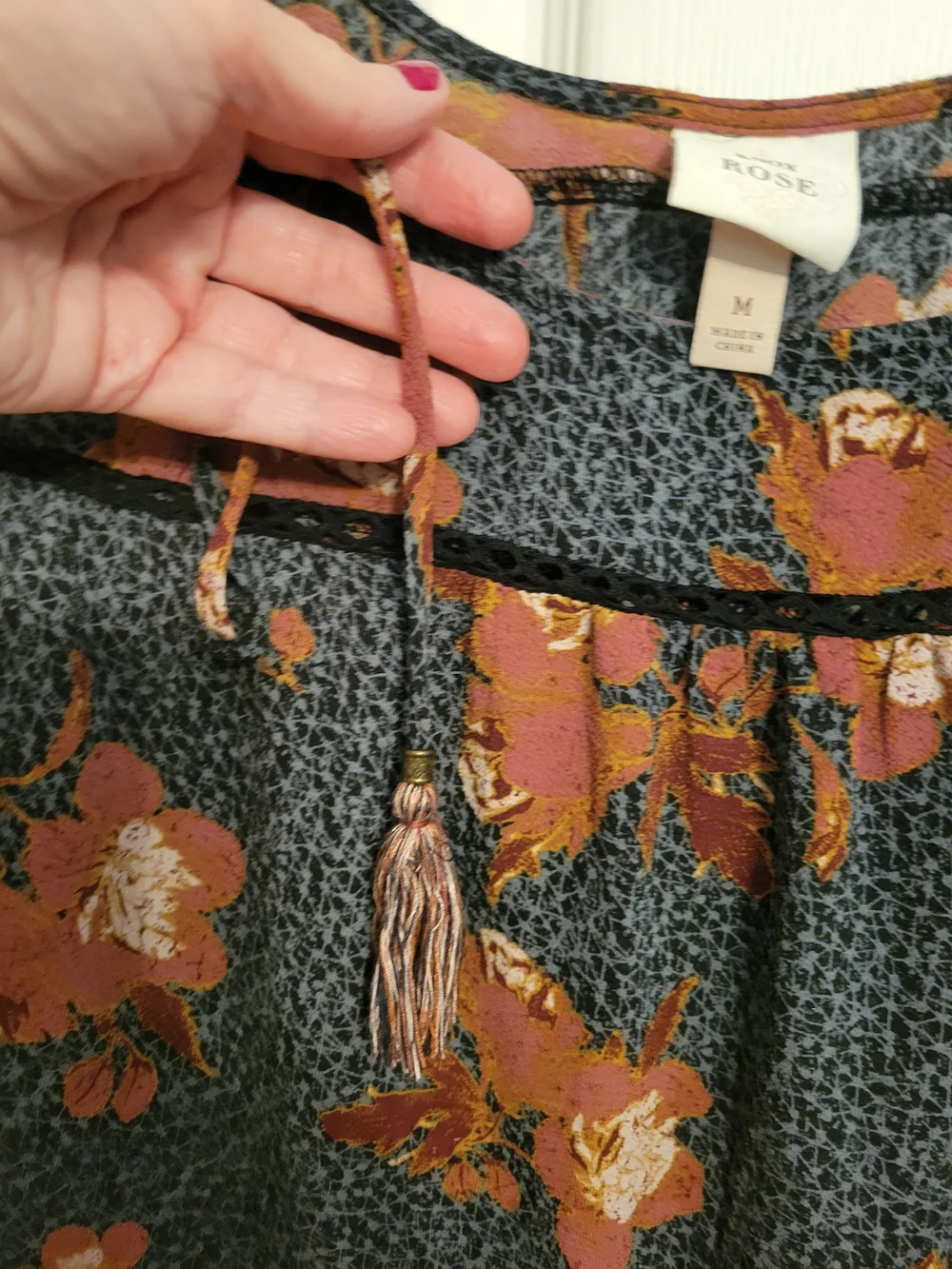 Knox Rose Navy Floral Peasant Top with Rust-Pink Accents